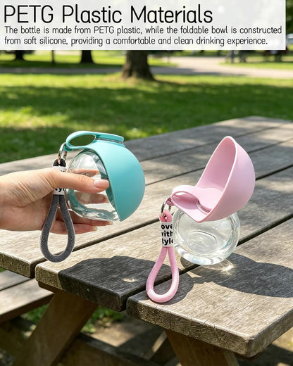 2 in 1 Portable Dog Water Bottle - No-Spill Pet Water Dispenser Feeder with Foldable Silicone Bowl, 9.64Oz Compact and Reusable Tumbler for Outdoor Activities (Pink)