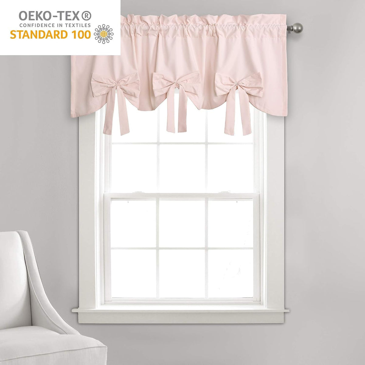 Melody Bow Valance Curtain 52" W x 18" L +3" Blush - Bow Curtains - Kitchen Valances for Windows - Coquette Valance Curtains for Bathroom