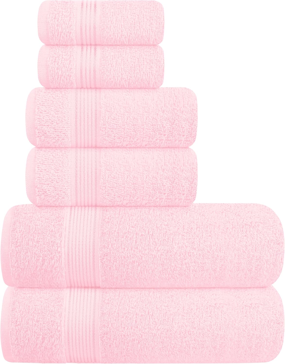 Ultra Soft 6 Pack Cotton Towel Set, Contains 2 Bath Towels 28x55 inch, 2 Hand Towels 16x24 inch & 2 Wash Coths 12x12 inch, Ideal Everyday use, Compact & Lightweight - Pink