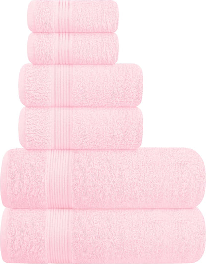 Ultra Soft 6 Pack Cotton Towel Set, Contains 2 Bath Towels 28x55 inch, 2 Hand Towels 16x24 inch & 2 Wash Coths 12x12 inch, Ideal Everyday use, Compact & Lightweight - Pink
