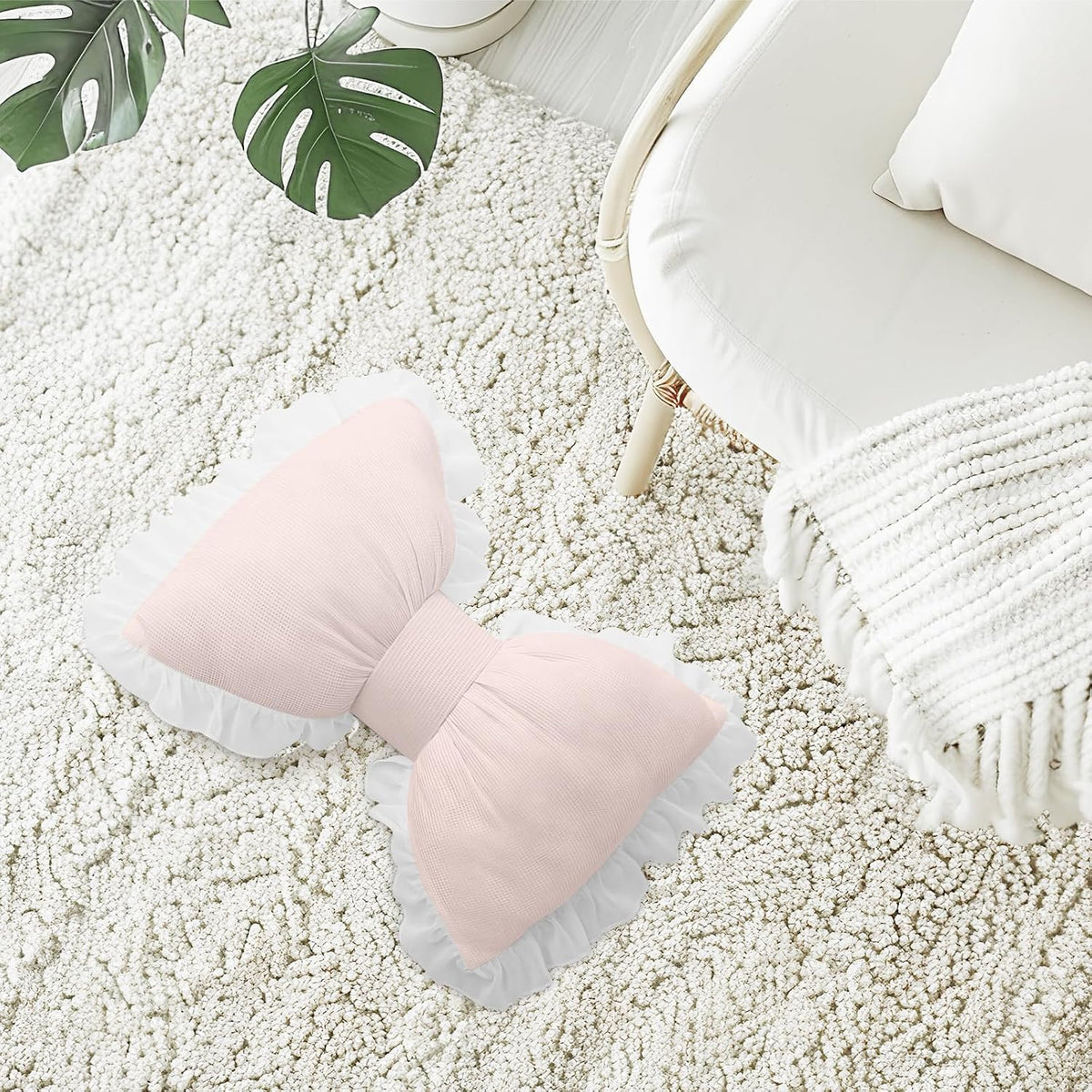 Pink Bow Throw Pillow, Soft Bowknot Decorative Cushion for Sofa, Bed, Nursery and Couch, Comfortable Sofa Lumbar Pillow, Bow Shaped Plush Bedside Cushion, Style A