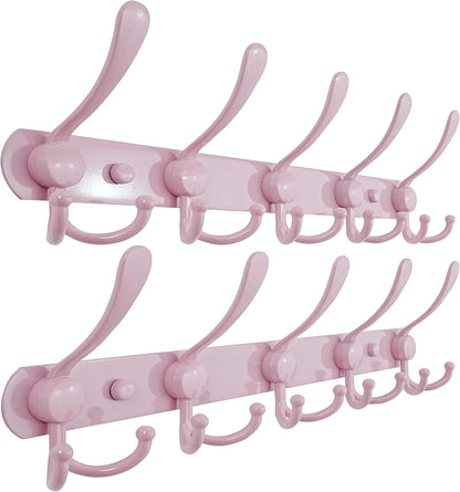 Coat Rack Wall Mounted - 5 Tri Hooks, Heavy Duty, Stainless Steel, Metal Coat Hook Rail for Coat Hat Towel Purse Robes Mudroom Bathroom Entryway (Pink, Pack of 2)