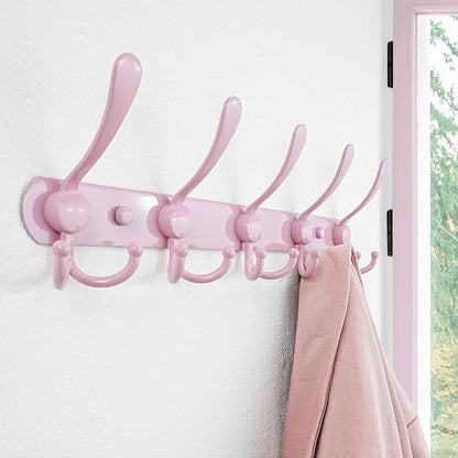 Coat Rack Wall Mounted - 5 Tri Hooks, Heavy Duty, Stainless Steel, Metal Coat Hook Rail for Coat Hat Towel Purse Robes Mudroom Bathroom Entryway (Pink, Pack of 2)