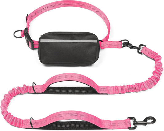 Hands Free Dog Leash with Zipper Pouch, Dual Padded Handles and Durable Bungee for Walking, Jogging and Running Your Dog (Medium, 8-25 lbs, Pink)