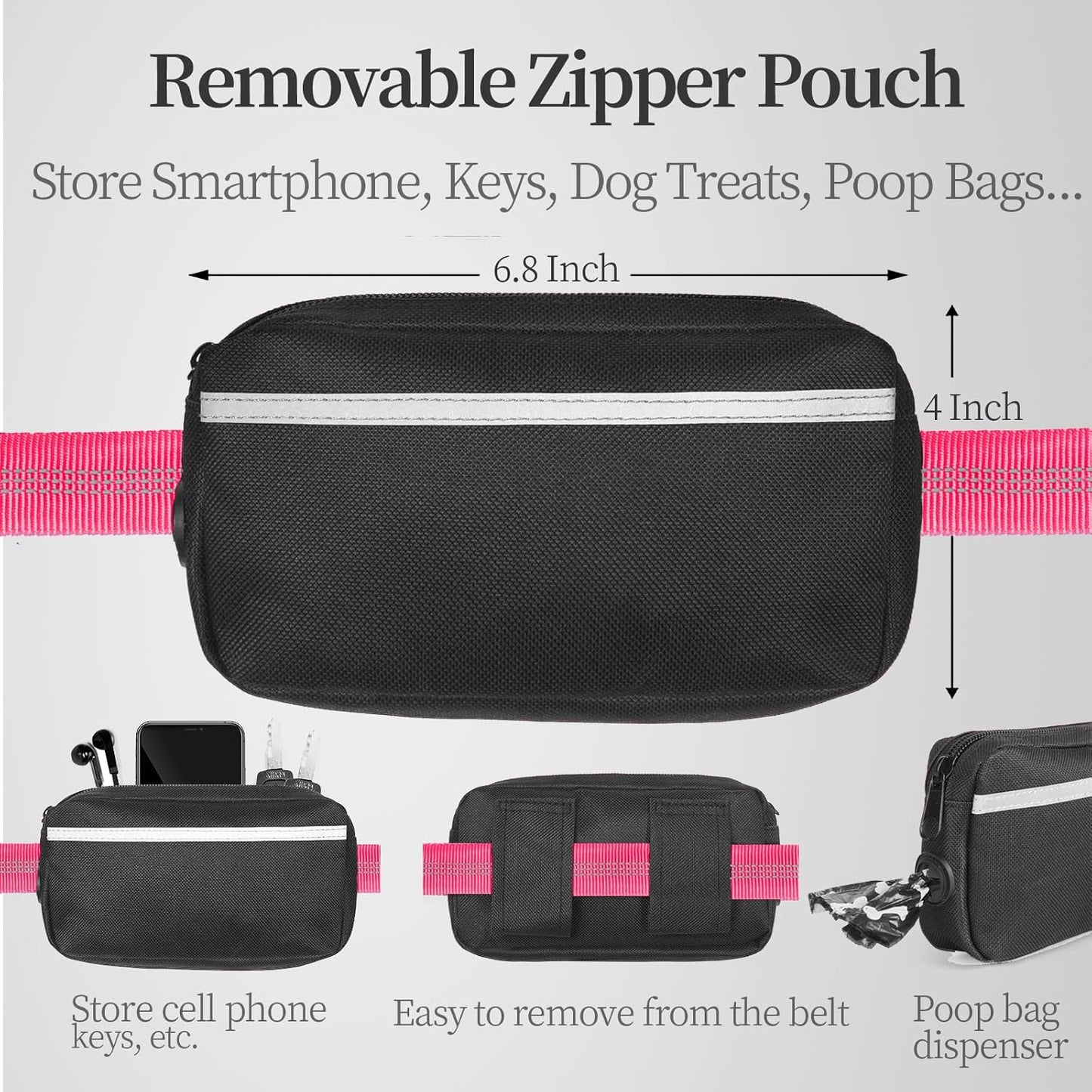 Hands Free Dog Leash with Zipper Pouch, Dual Padded Handles and Durable Bungee for Walking, Jogging and Running Your Dog (Medium, 8-25 lbs, Pink)