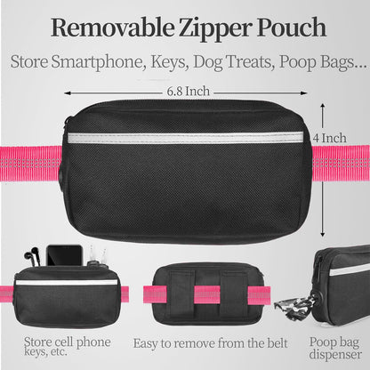 Hands Free Dog Leash with Zipper Pouch, Dual Padded Handles and Durable Bungee for Walking, Jogging and Running Your Dog (Medium, 8-25 lbs, Pink)