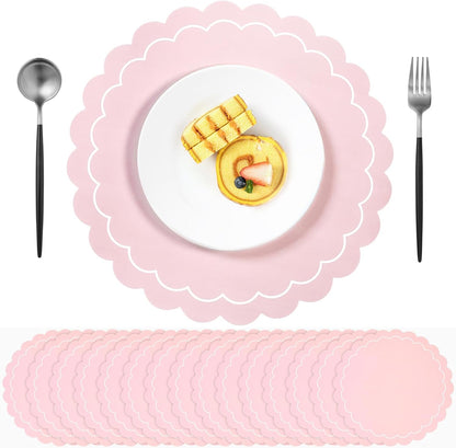 100 Pcs Pink Paper Placemats, Disposable Scalloped Round Table Place Mats