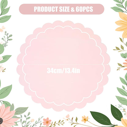 100 Pcs Pink Paper Placemats, Disposable Scalloped Round Table Place Mats
