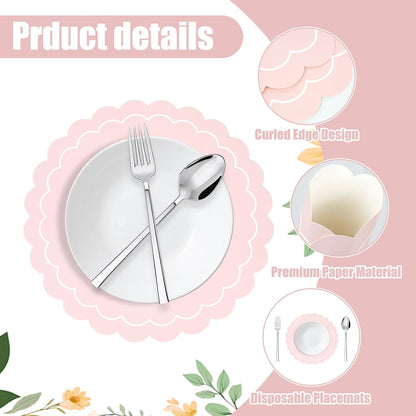 100 Pcs Pink Paper Placemats, Disposable Scalloped Round Table Place Mats