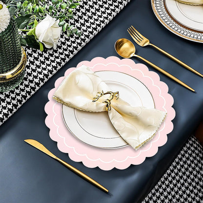 100 Pcs Pink Paper Placemats, Disposable Scalloped Round Table Place Mats