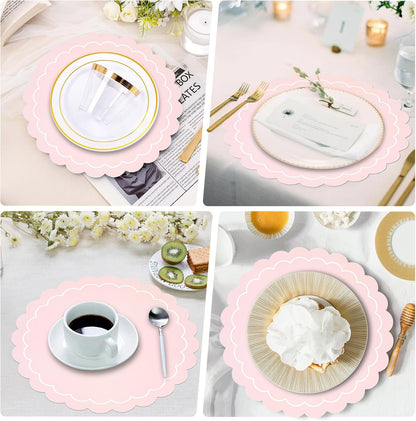 100 Pcs Pink Paper Placemats, Disposable Scalloped Round Table Place Mats