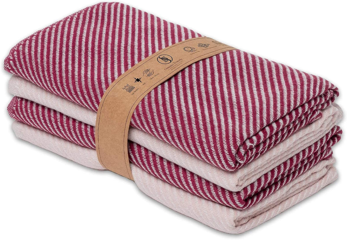 Ossano Cute Kitchen Towels - 4 Pack, (20" x 30") - Elegant & Pretty - Versatile as, Cute Hand Towels, Decorative Kitchen Towel, Dishcloths, Pretty Dish Towel, Burgundy and Powder Pink