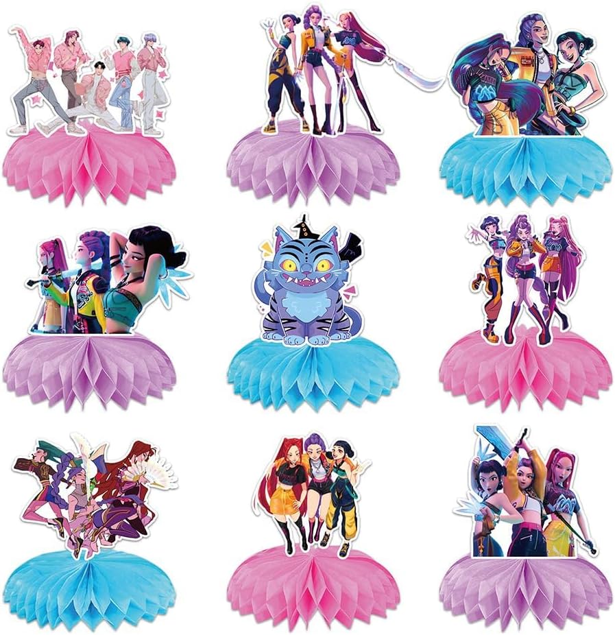 K Pop Demon Birthday Party Supplies , 9Pcs Honeycomb Centerpieces for Toy K Pop Demon Decorations, Double Sided Table Decorations Centerpieces Party.