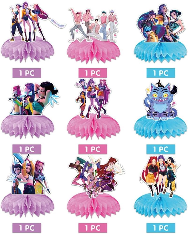 K Pop Demon Birthday Party Supplies , 9Pcs Honeycomb Centerpieces for Toy K Pop Demon Decorations, Double Sided Table Decorations Centerpieces Party.