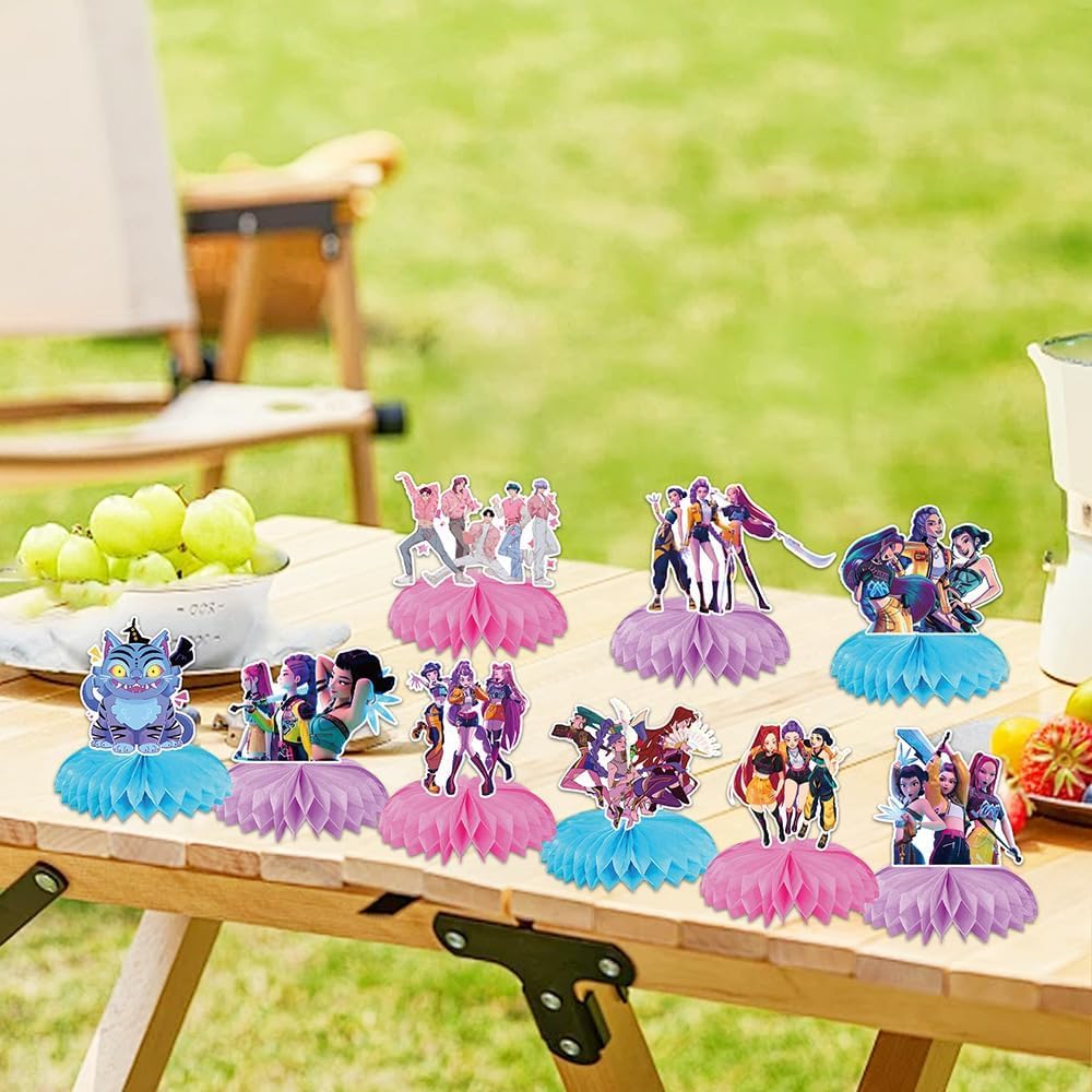 K Pop Demon Birthday Party Supplies , 9Pcs Honeycomb Centerpieces for Toy K Pop Demon Decorations, Double Sided Table Decorations Centerpieces Party.