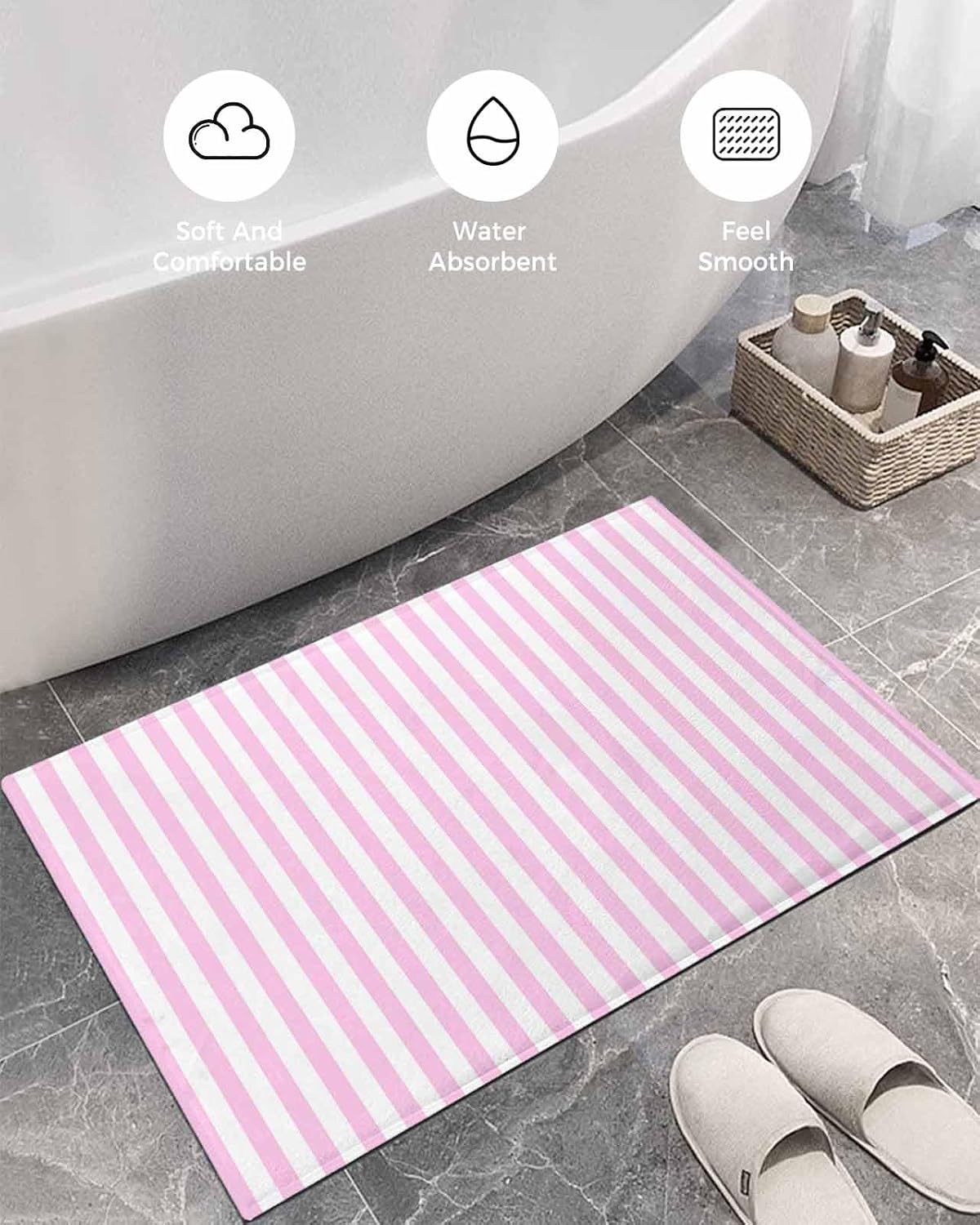 Bathroom Rug Bath Mat,Pink Stripes Minimalist Art Absorbent Non Slip Soft Microfiber Shaggy Plush Bath Rugs for Shower,Romantic Style 16"x24"