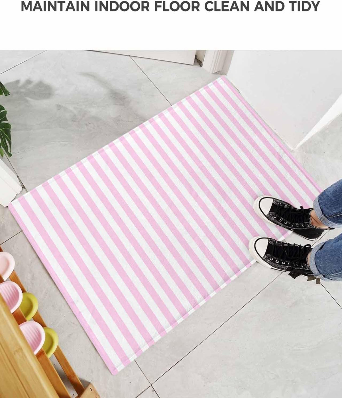 Bathroom Rug Bath Mat,Pink Stripes Minimalist Art Absorbent Non Slip Soft Microfiber Shaggy Plush Bath Rugs for Shower,Romantic Style 16"x24"
