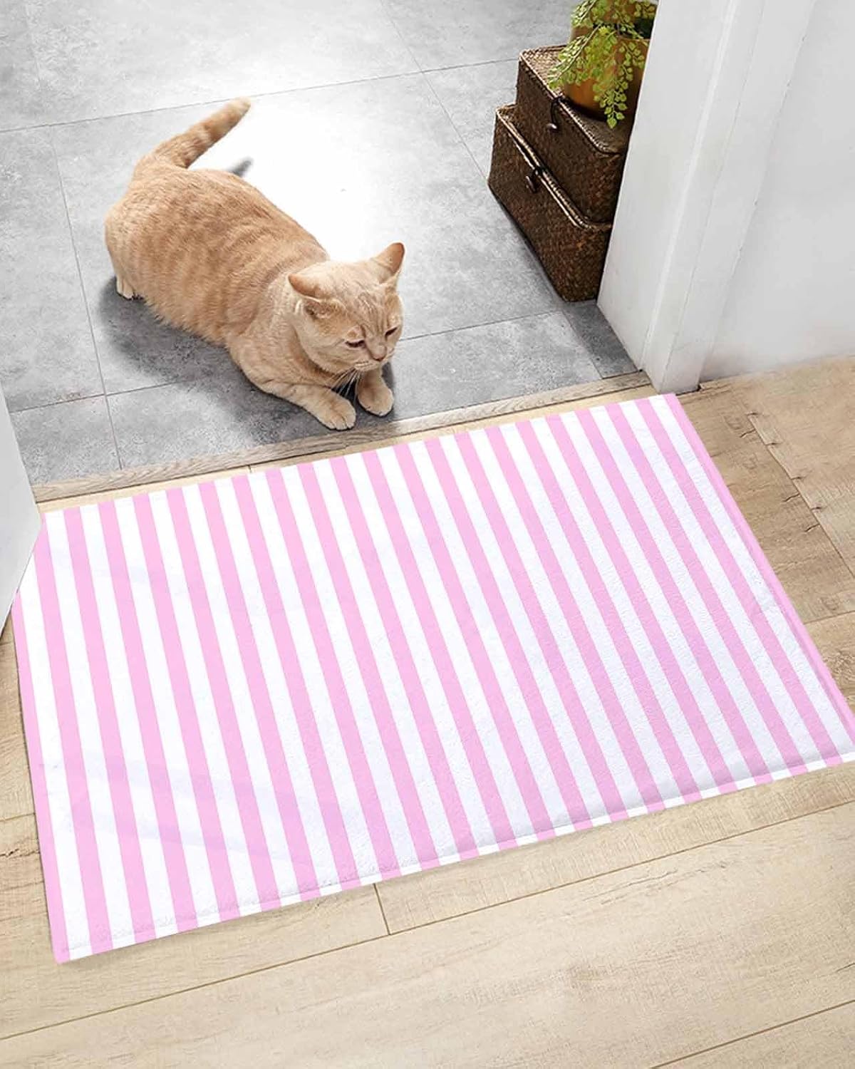 Bathroom Rug Bath Mat,Pink Stripes Minimalist Art Absorbent Non Slip Soft Microfiber Shaggy Plush Bath Rugs for Shower,Romantic Style 16"x24"