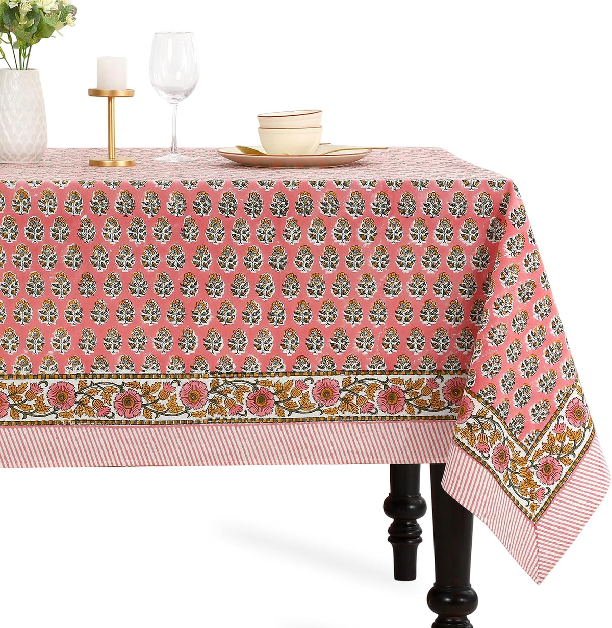 CPC Tablecloth 100% Cotton 60x90 Inch Indian Block Print Rectangle Table Cover, Washable Table Cloth for Weddings, Spring/Summer, Barbeque - Poppy Pink