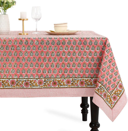 CPC Tablecloth 100% Cotton 60x90 Inch Indian Block Print Rectangle Table Cover, Washable Table Cloth for Weddings, Spring/Summer, Barbeque - Poppy Pink
