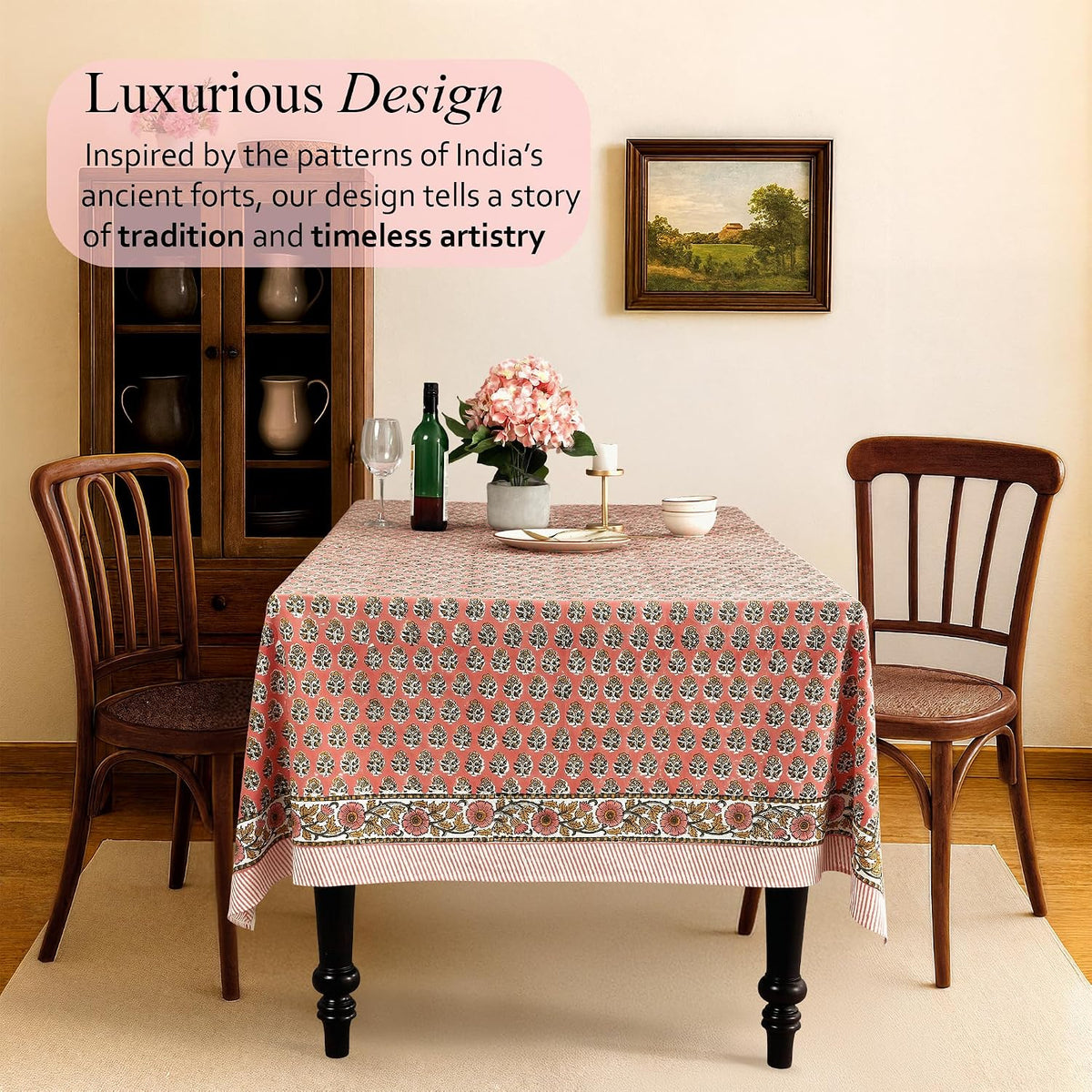 CPC Tablecloth 100% Cotton 60x90 Inch Indian Block Print Rectangle Table Cover, Washable Table Cloth for Weddings, Spring/Summer, Barbeque - Poppy Pink