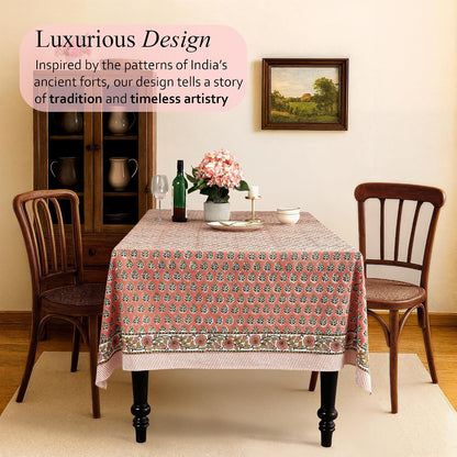 CPC Tablecloth 100% Cotton 60x90 Inch Indian Block Print Rectangle Table Cover, Washable Table Cloth for Weddings, Spring/Summer, Barbeque - Poppy Pink