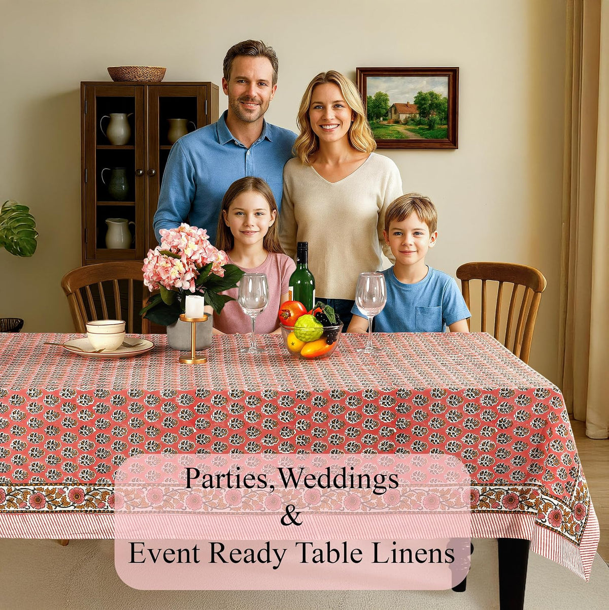 CPC Tablecloth 100% Cotton 60x90 Inch Indian Block Print Rectangle Table Cover, Washable Table Cloth for Weddings, Spring/Summer, Barbeque - Poppy Pink