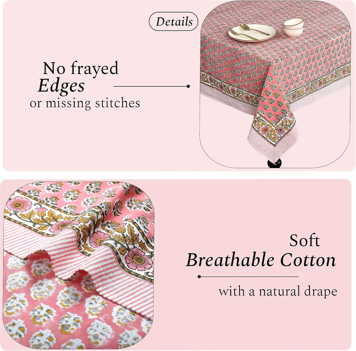 CPC Tablecloth 100% Cotton 60x90 Inch Indian Block Print Rectangle Table Cover, Washable Table Cloth for Weddings, Spring/Summer, Barbeque - Poppy Pink