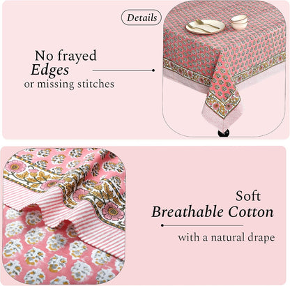 CPC Tablecloth 100% Cotton 60x90 Inch Indian Block Print Rectangle Table Cover, Washable Table Cloth for Weddings, Spring/Summer, Barbeque - Poppy Pink