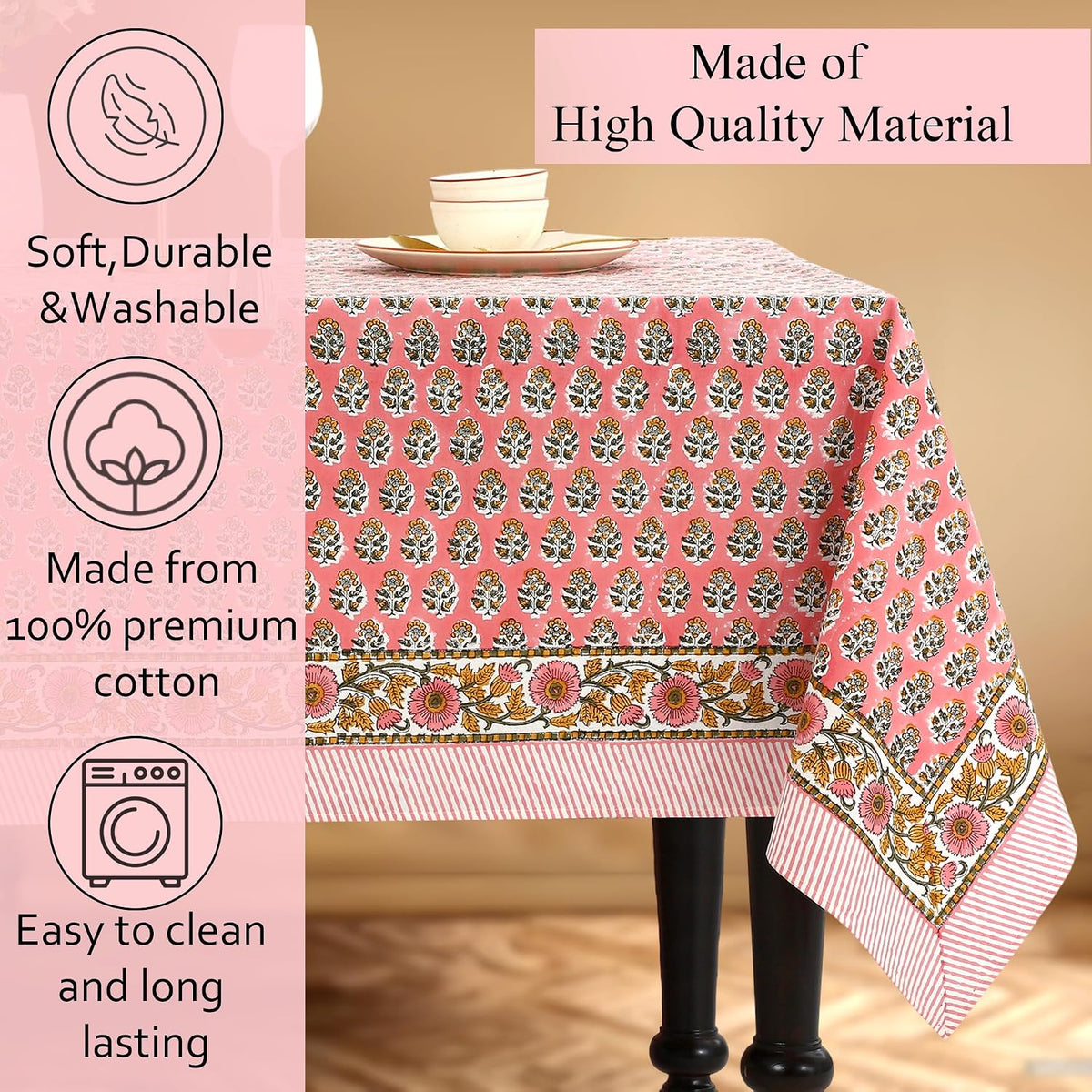 CPC Tablecloth 100% Cotton 60x90 Inch Indian Block Print Rectangle Table Cover, Washable Table Cloth for Weddings, Spring/Summer, Barbeque - Poppy Pink