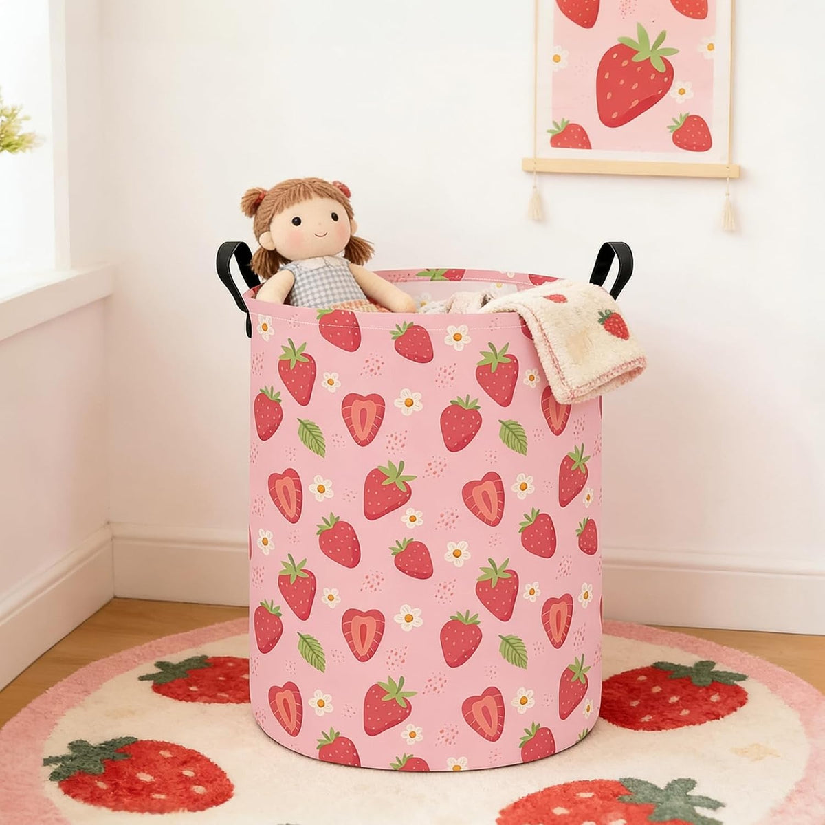 Round Laundry Basket Collapsible Storage Hamper Flower Strawberry
