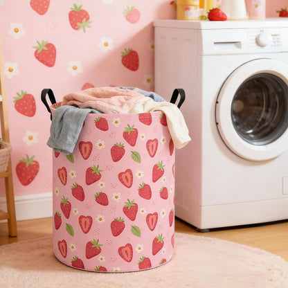 Round Laundry Basket Collapsible Storage Hamper Flower Strawberry