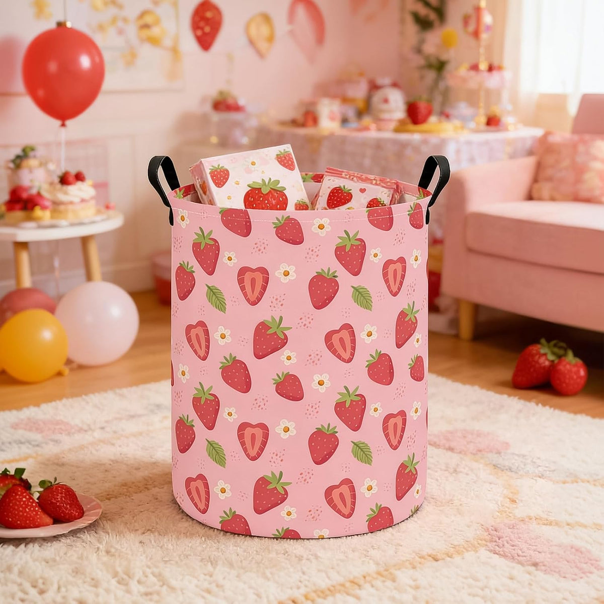 Round Laundry Basket Collapsible Storage Hamper Flower Strawberry