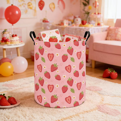 Round Laundry Basket Collapsible Storage Hamper Flower Strawberry