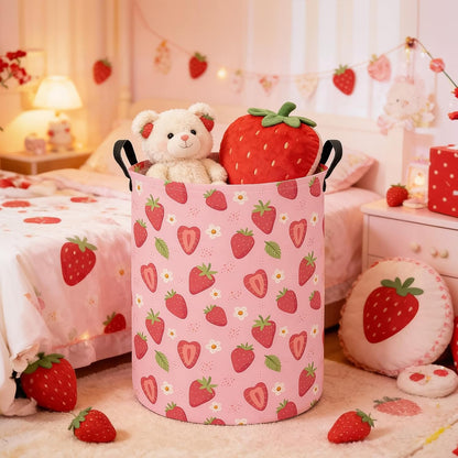 Round Laundry Basket Collapsible Storage Hamper Flower Strawberry
