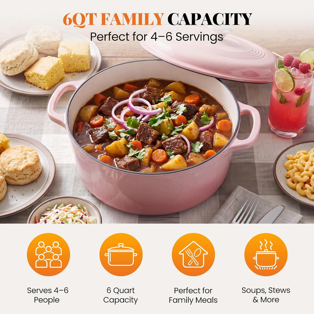 6 Qt Enameled Cast Iron Dutch Oven Pot with Lid, Pink