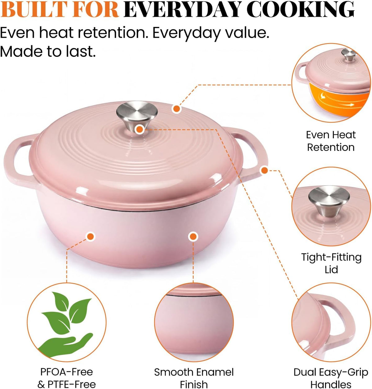 6 Qt Enameled Cast Iron Dutch Oven Pot with Lid, Pink