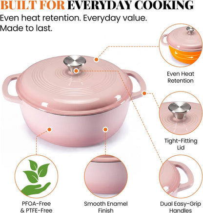 6 Qt Enameled Cast Iron Dutch Oven Pot with Lid, Pink