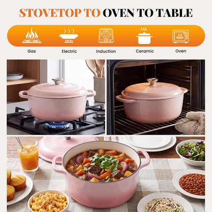 6 Qt Enameled Cast Iron Dutch Oven Pot with Lid, Pink