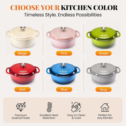 6 Qt Enameled Cast Iron Dutch Oven Pot with Lid, Pink