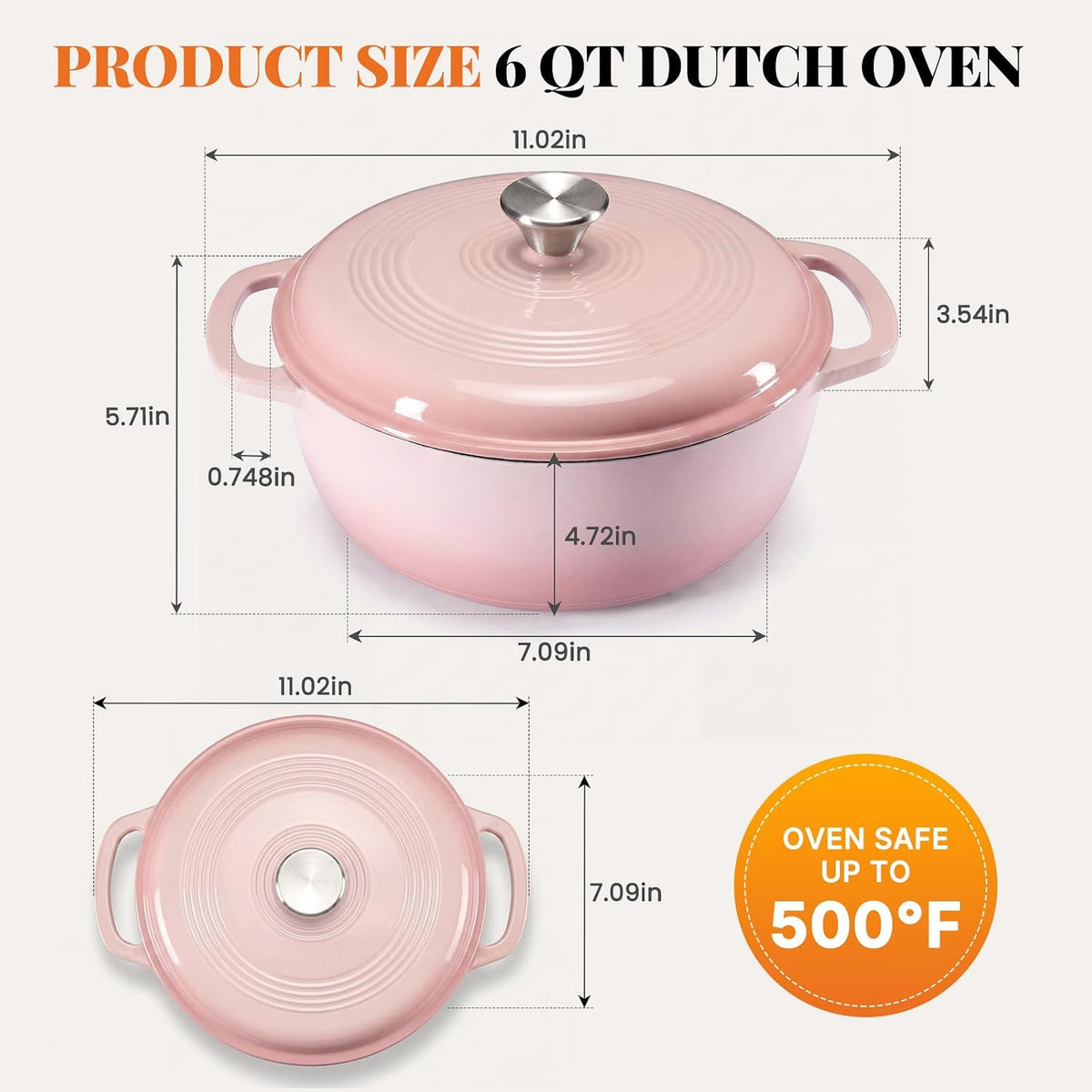 6 Qt Enameled Cast Iron Dutch Oven Pot with Lid, Pink