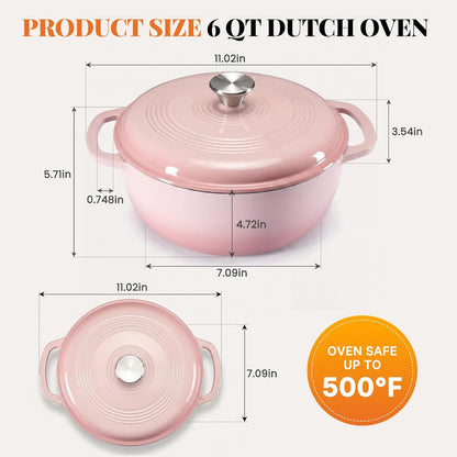 6 Qt Enameled Cast Iron Dutch Oven Pot with Lid, Pink