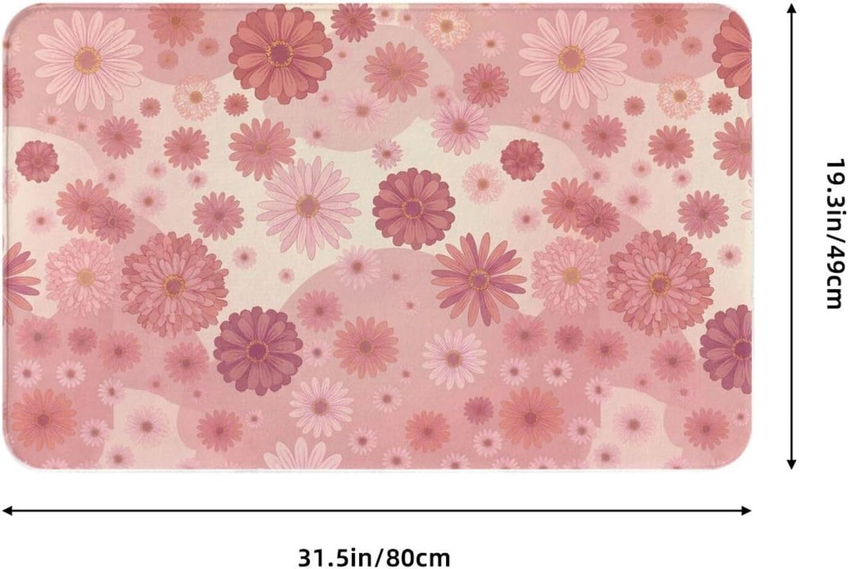 Pink Flowers Bath Mat Non-Slip Soft Microfiber Bathroom Rugs Washable Bathmat, Carpet Rug Entryway Daisy Floral Decor for Tub Shower Room Floor, 31.5x20 Mat