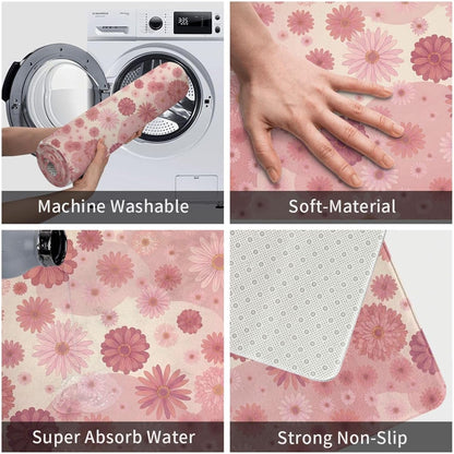 Pink Flowers Bath Mat Non-Slip Soft Microfiber Bathroom Rugs Washable Bathmat, Carpet Rug Entryway Daisy Floral Decor for Tub Shower Room Floor, 31.5x20 Mat