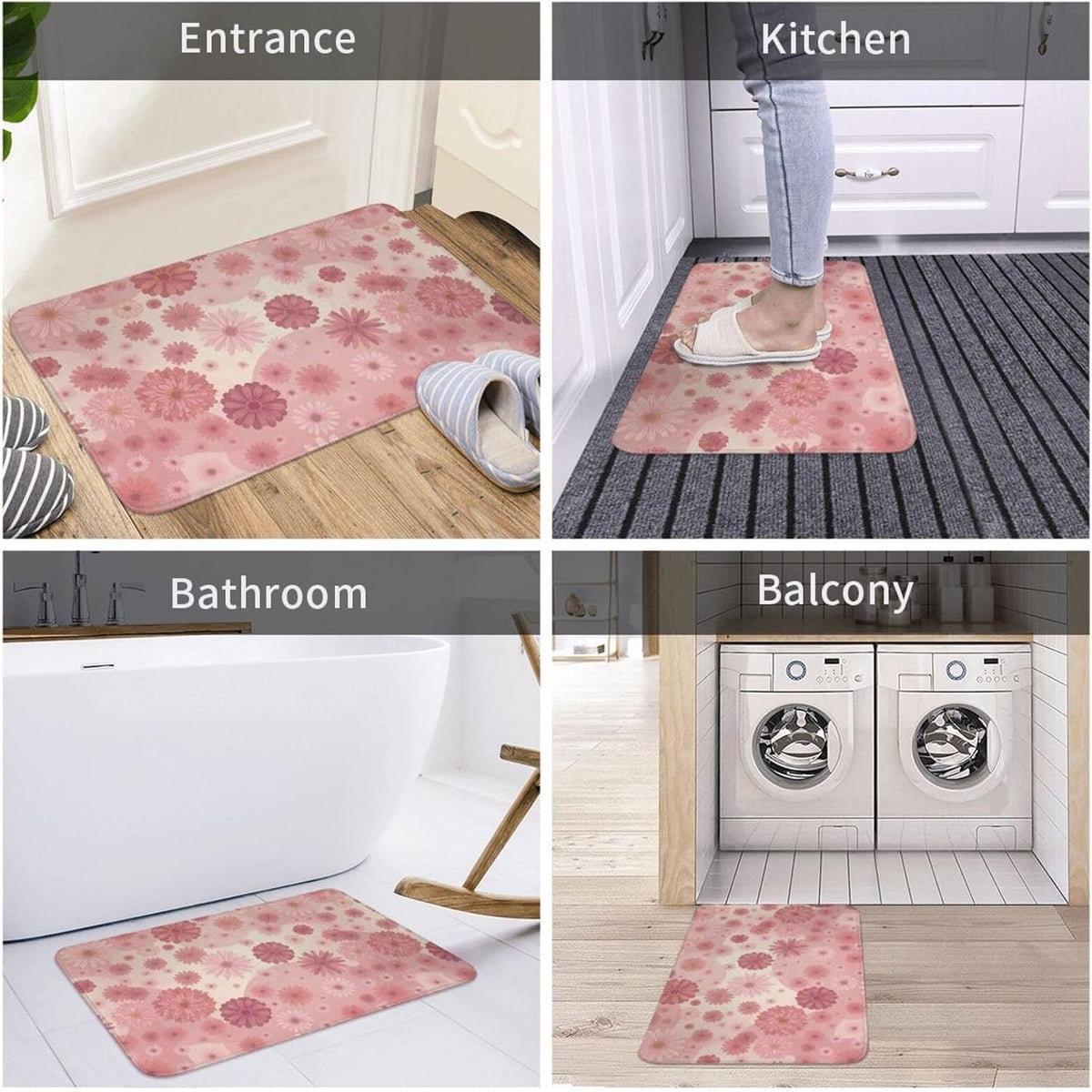 Pink Flowers Bath Mat Non-Slip Soft Microfiber Bathroom Rugs Washable Bathmat, Carpet Rug Entryway Daisy Floral Decor for Tub Shower Room Floor, 31.5x20 Mat