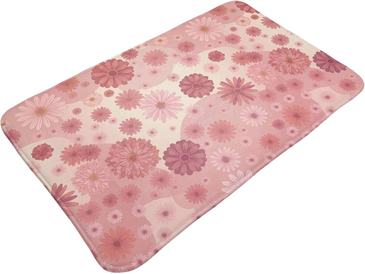 Pink Flowers Bath Mat Non-Slip Soft Microfiber Bathroom Rugs Washable Bathmat, Carpet Rug Entryway Daisy Floral Decor for Tub Shower Room Floor, 31.5x20 Mat