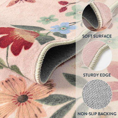 Floral Pink Rugs for Entryway, 2X3 Washable Kitchen Rug Non Slip