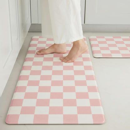 Pink Checkered Kitchen Mats for Floor Set of 2, 2 Pcs Cushioned Non Slip Runner Rugs for Kitchen/Sink/Laundry, Comfort Aesthetic Cute Anti-Fatigue Foam Floor Mat 17.3"x29.5"+17.3"x47.2"