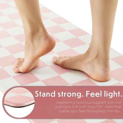 Pink Checkered Kitchen Mats for Floor Set of 2, 2 Pcs Cushioned Non Slip Runner Rugs for Kitchen/Sink/Laundry, Comfort Aesthetic Cute Anti-Fatigue Foam Floor Mat 17.3"x29.5"+17.3"x47.2"