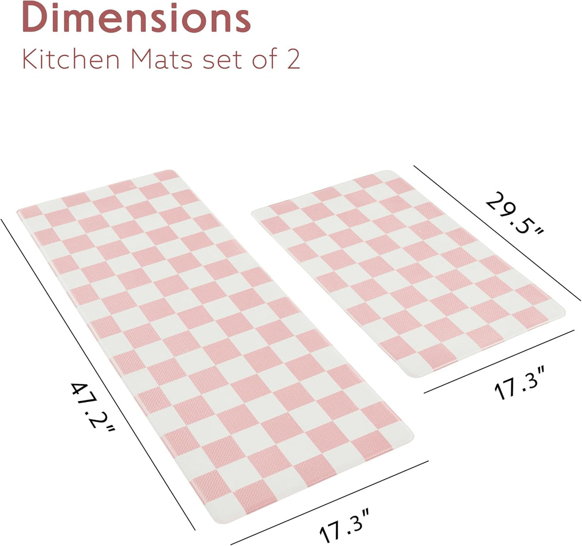 Pink Checkered Kitchen Mats for Floor Set of 2, 2 Pcs Cushioned Non Slip Runner Rugs for Kitchen/Sink/Laundry, Comfort Aesthetic Cute Anti-Fatigue Foam Floor Mat 17.3"x29.5"+17.3"x47.2"